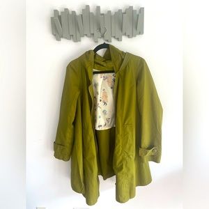 Long trench coat; olive green; with belt tie waist design